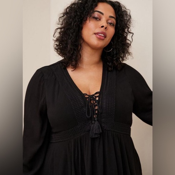 Torrid At The Knee Gauze Blouson Black Skater Dress Size 1x - Picture 2 of 14